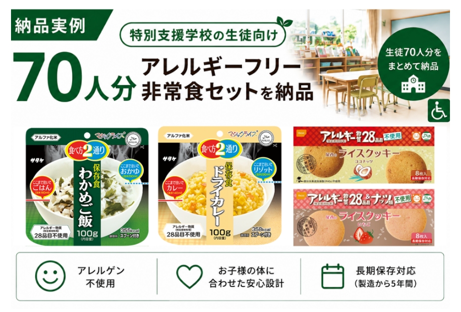 生徒70人分のアレルギーフリーの非常食セット